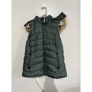 Green Tea‎ Heather Green Hoodie Soft White Faux Fur Lined Puffer Vest size L